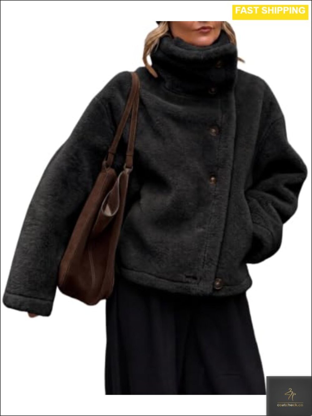 Oversized Sherpa Fleece Jacket Button Down Stand Collar Winter Coat